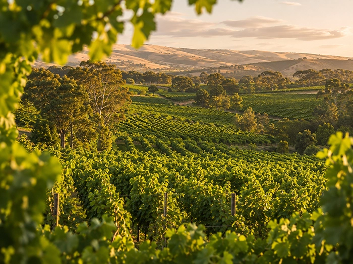 Sunlit vineyard rows with trees and rolling hills in the background under a cloudy sky.