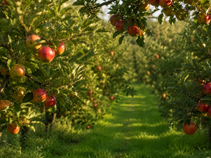 Rows of apple trees with red apples in a sunlit green orchard.