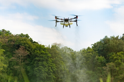 Drone spraying water mist over a netted agricultural field under sunlight.