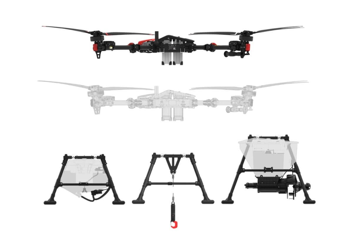 XAG P150 Max agricultural drone shown with interchangeable spraying, spreading and lifting attachments.