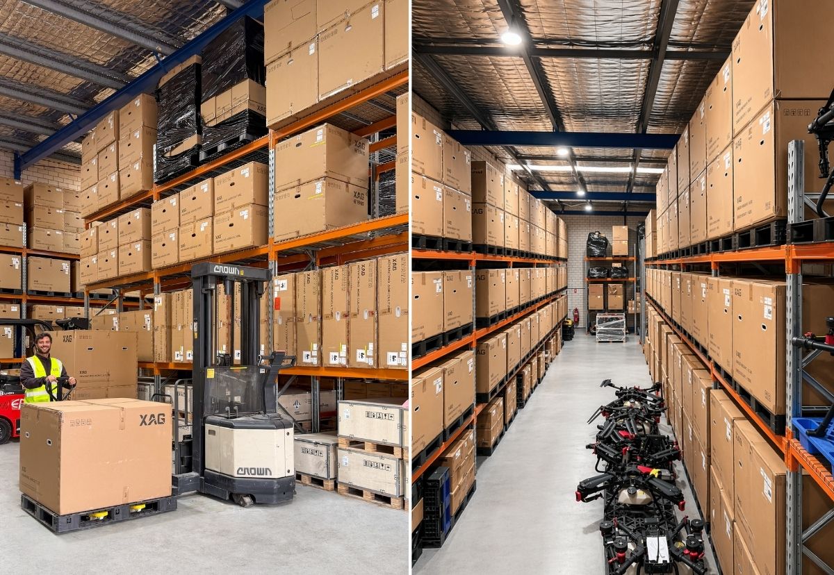 XAG Australia warehouse stocked with agricultural drones, equipment and spare parts ready for local support.