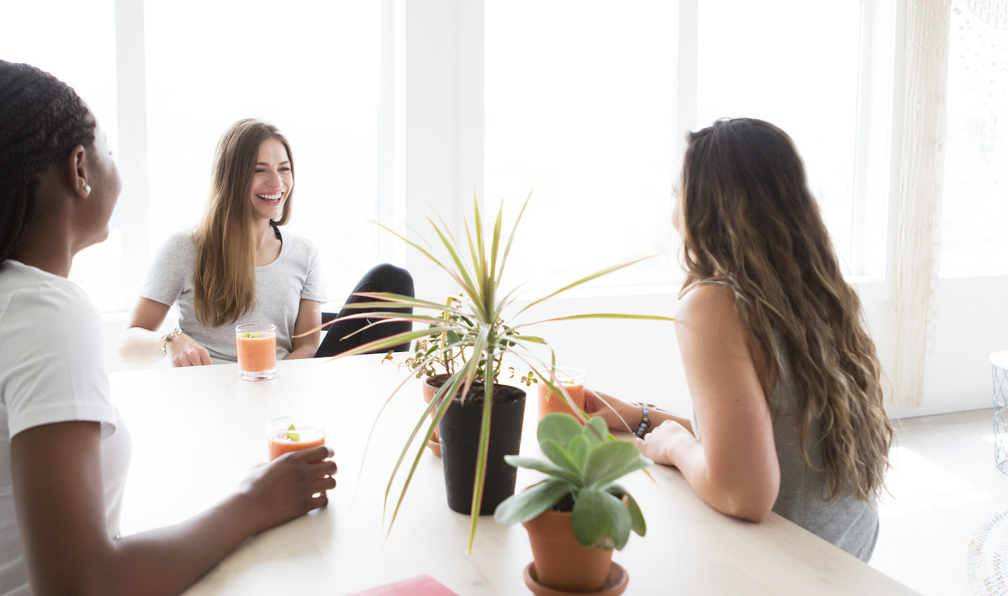 Three women sitting around a table with potted plants, drinking smoothies and smiling in a bright room.