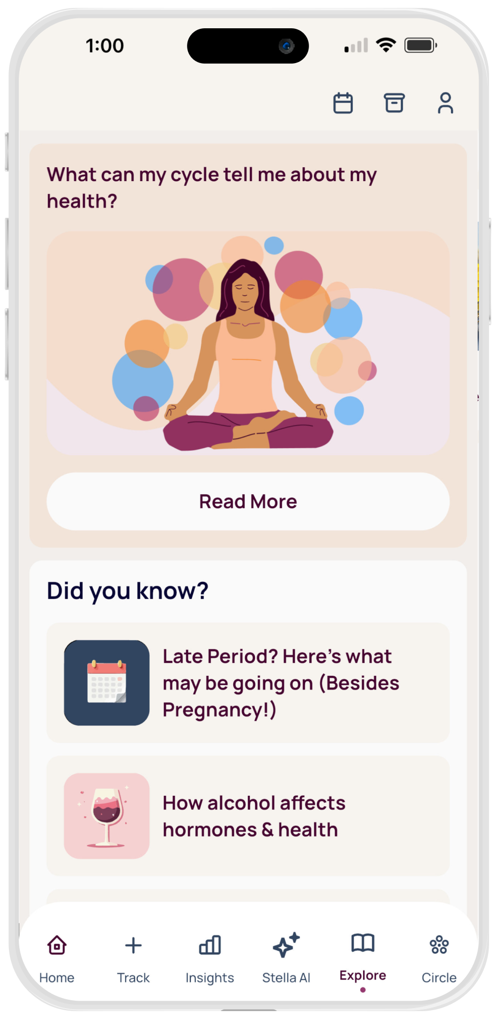 Mobile app screen showing health insights with a meditation illustration and articles on late periods and alcohol effects on hormones.