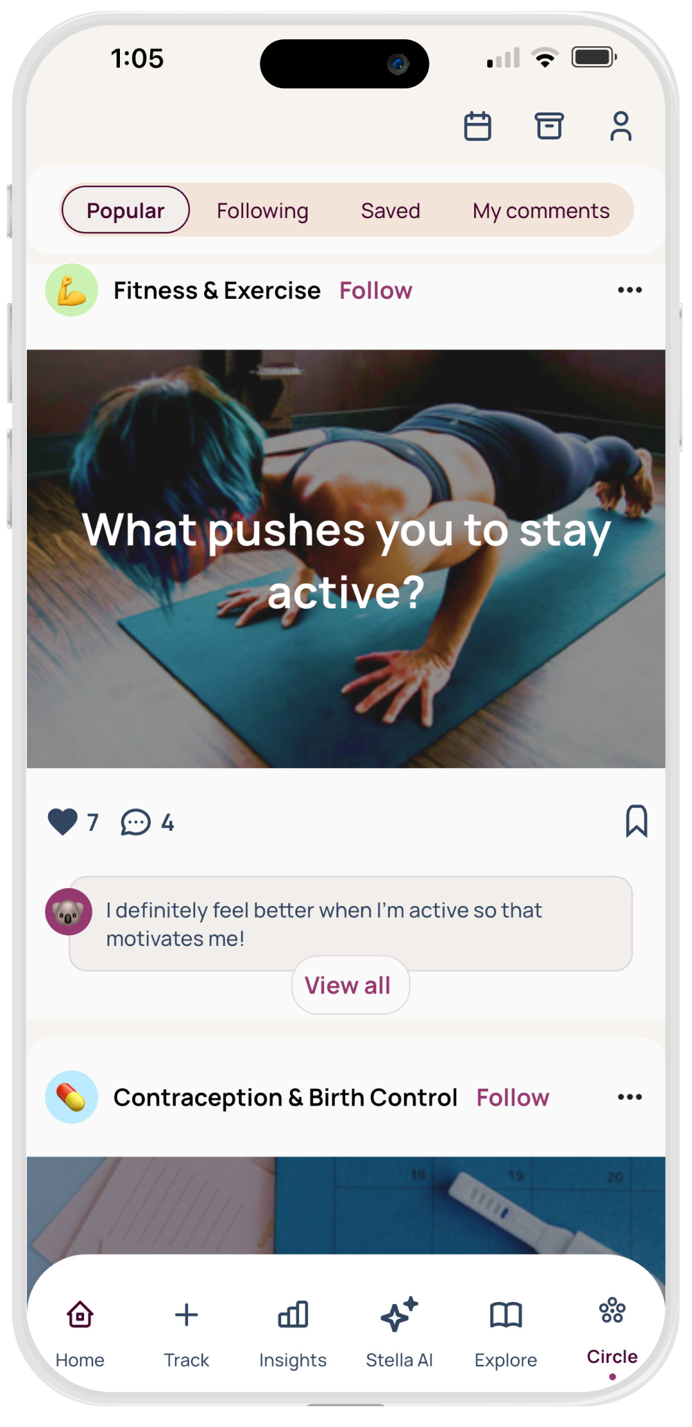 Mobile app screen showing a Fitness & Exercise post with a woman doing a push-up and the question 'What pushes you to stay active?'