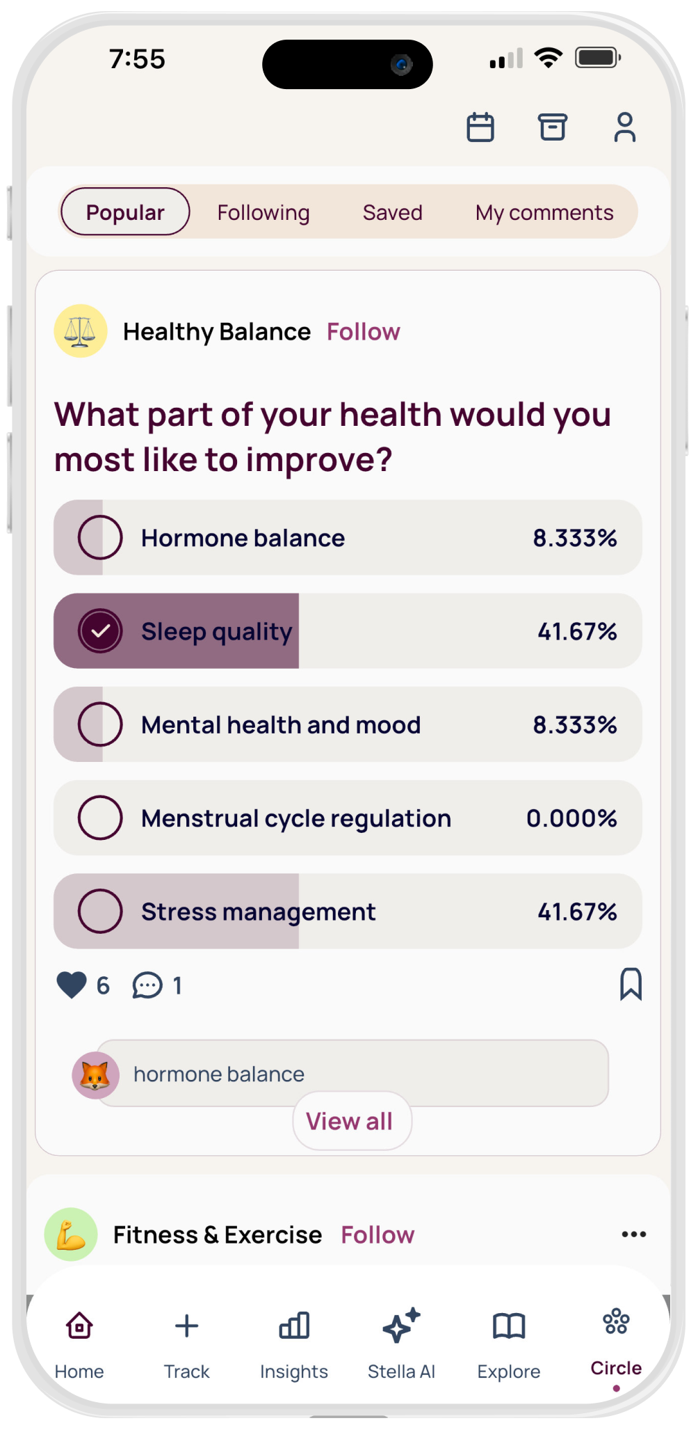 Mobile app poll by Healthy Balance asking what part of health users want to improve, with options hormone balance 8.33%, sleep quality 41.67%, mental health and mood 8.33%, menstrual cycle regulation 0%, and stress management 41.67%.