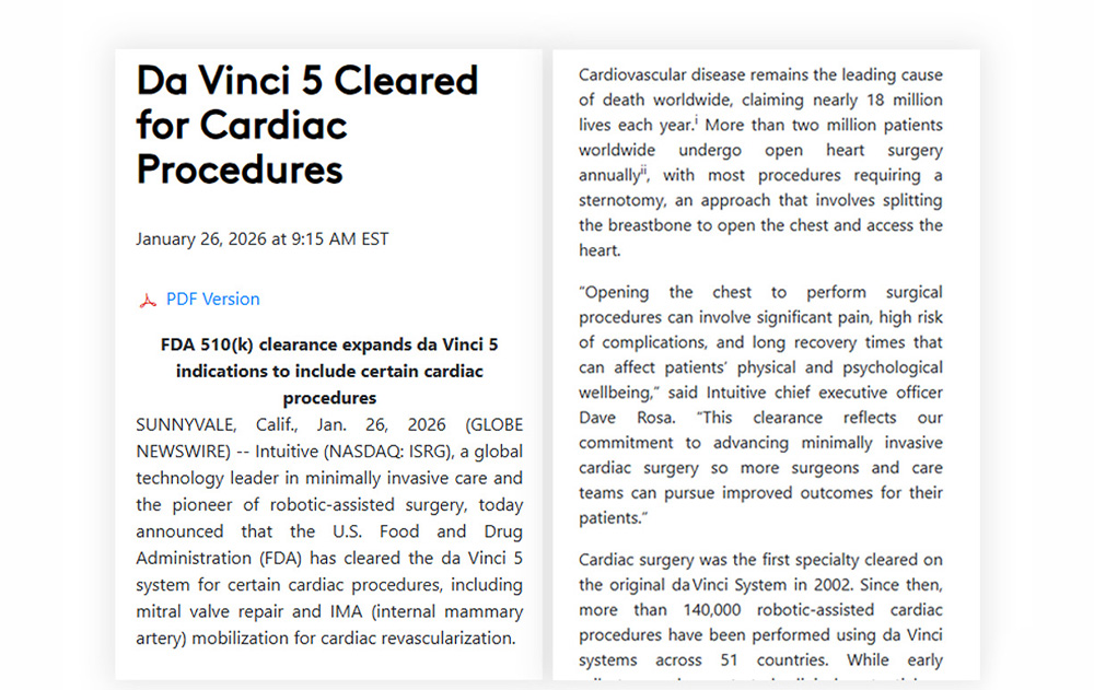 FDA 510(k) clearance expands Intuitive da Vinci 5 indications to include certain cardiac procedures