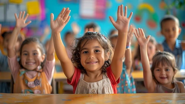 Los niños levantan las manos con entusiasmo en un aula con entusiasmo ...