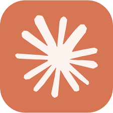 White stylized sunburst or starburst shape on a rounded square orange background.