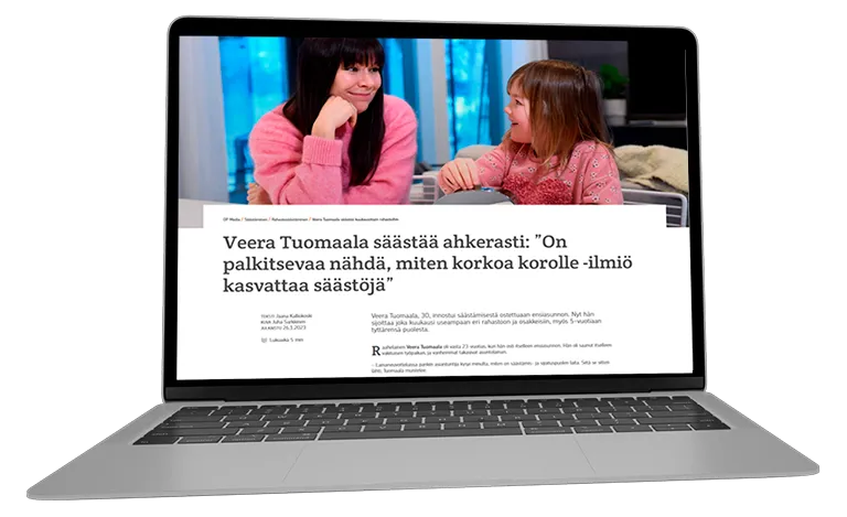 läppärin ruudulla näkyy artikkeli säästämisestä