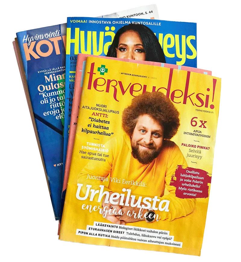 Terveyslehti pino, jossa Kotilääkäri, Hyvä terveys ja Terveydeksi -lehdet