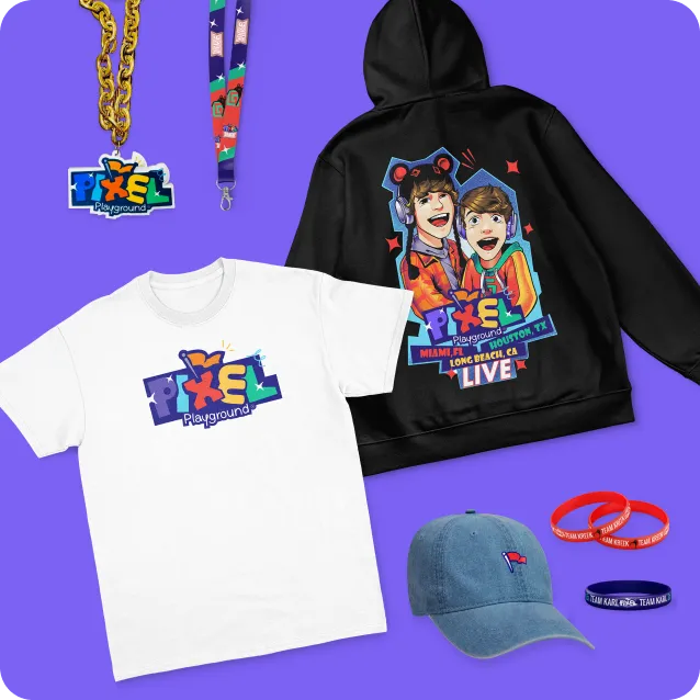Colorful assortment of Pixel Playground merchandise such as illustrated hoodies, branded t-shirts, caps, wristbands, keychains, and lanyards, designed with vibrant artwork.