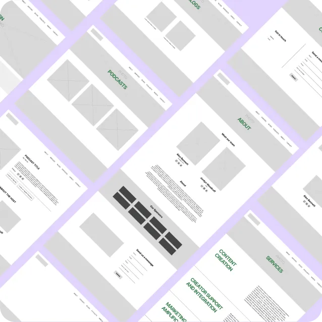 Clean and organized wireframe layouts for Just Media's website, displaying structured sections for podcasts, about page, services, and content creation.