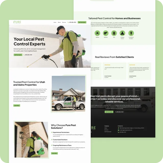 Desktop web design for Pure Pest Control highlighting service offerings, customer reviews, detailed pest control information, and clearly structured calls-to-action.