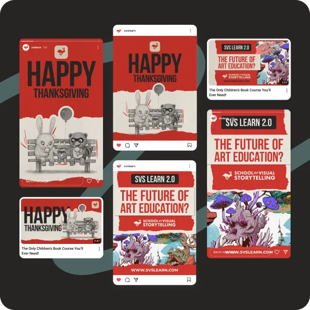 Creative and playful social media graphics from SVS Learn showcasing holiday-themed visuals like Thanksgiving posts and educational promotions emphasizing the future of art education.