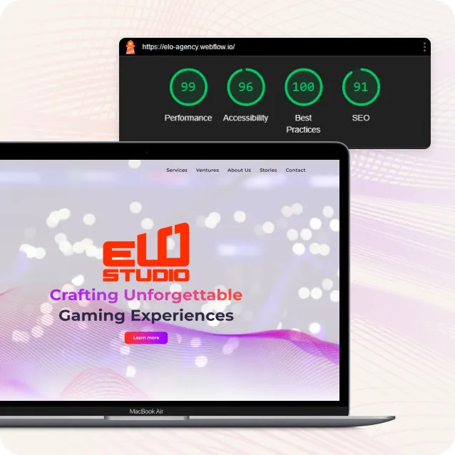Laptop showcasing ELO Studio's immersive gaming-focused website and top performance scores on key website metrics including SEO and accessibility.