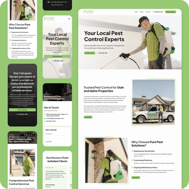Professional and responsive website layouts for Pure Pest Control, showcasing clean visuals, comprehensive service information, client testimonials, and user-friendly quote forms.