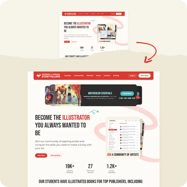 Before and after view of the School of Visual Storytelling website showcasing an engaging homepage designed for aspiring illustrators.