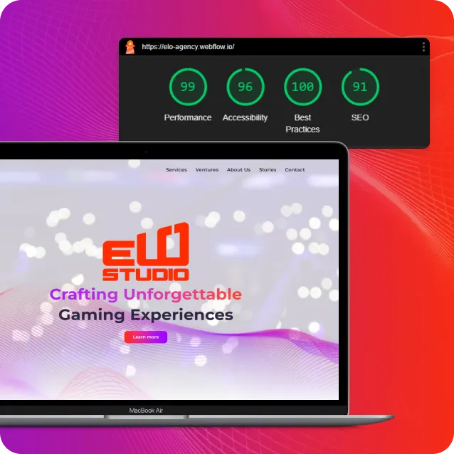 Laptop displaying ELO Studio's vibrant website dedicated to gaming experiences, alongside a performance and SEO metrics scorecard.