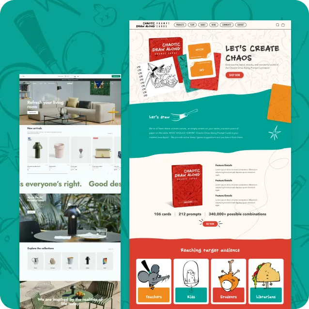 Side-by-side images comparing the Chaotic Draw Along playful illustration-focused e-commerce website with another minimalist home decor online store.
