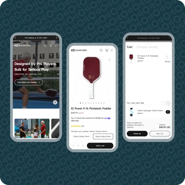Screenshots of the Eleven Zero mobile website showcasing the homepage with a tagline "Designed by Pro Players," a product detail page for the EZ Power K-16 Pickleball Paddle, and a shopping cart interface.