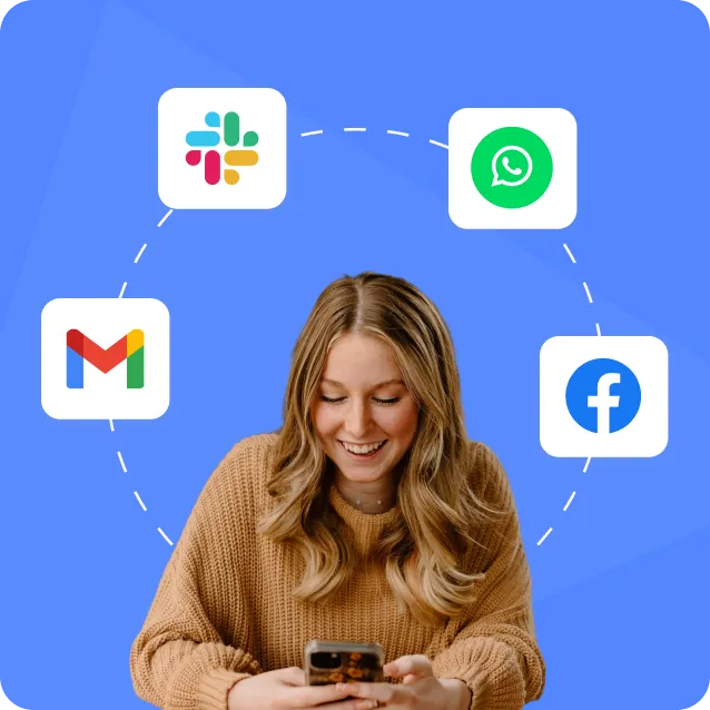 Woman smiling down at her smartphone, surrounded by floating Slack, WhatsApp, Gmail, and Facebook icons connected by a dotted circle on a blue background.