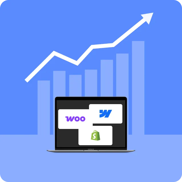 Laptop screen showing Shopify, Webflow, and WooCommerce logos with an upward growth arrow on a blue background.