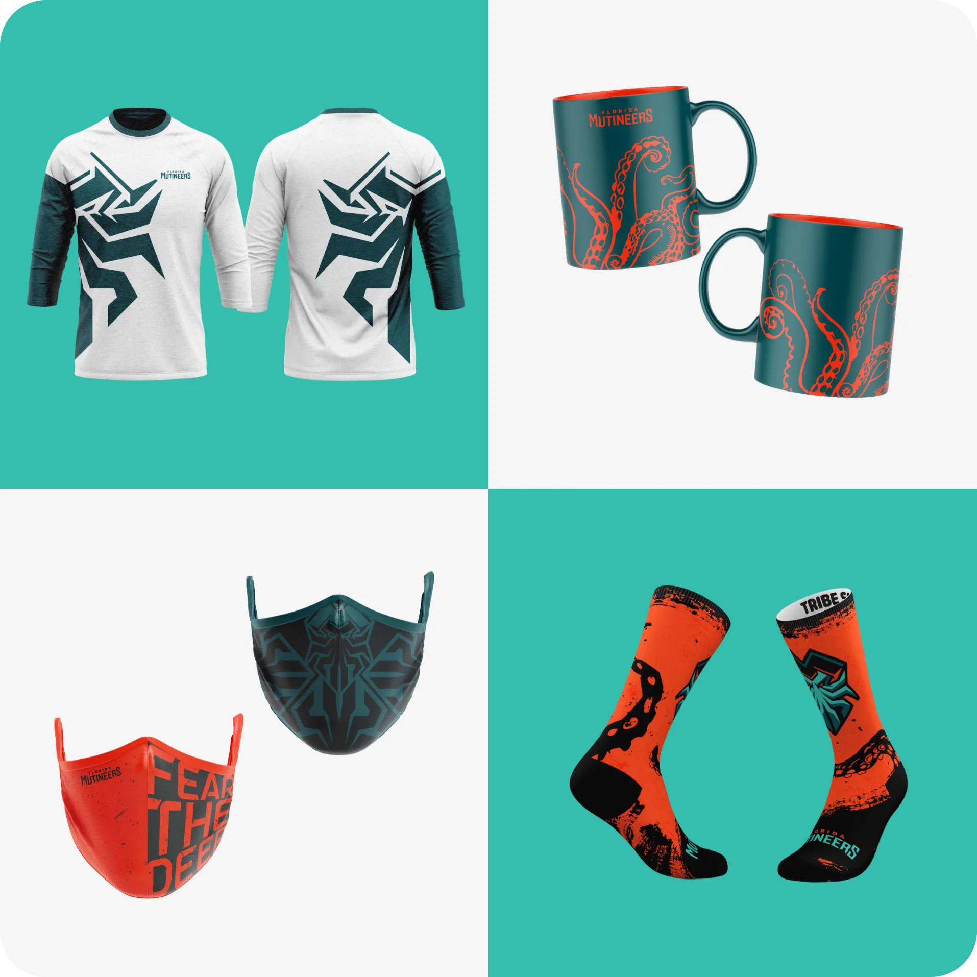 Florida Mutineers merchandise set including jerseys, mugs, face masks, and socks with bold ocean-inspired designs in teal, orange, and black.
