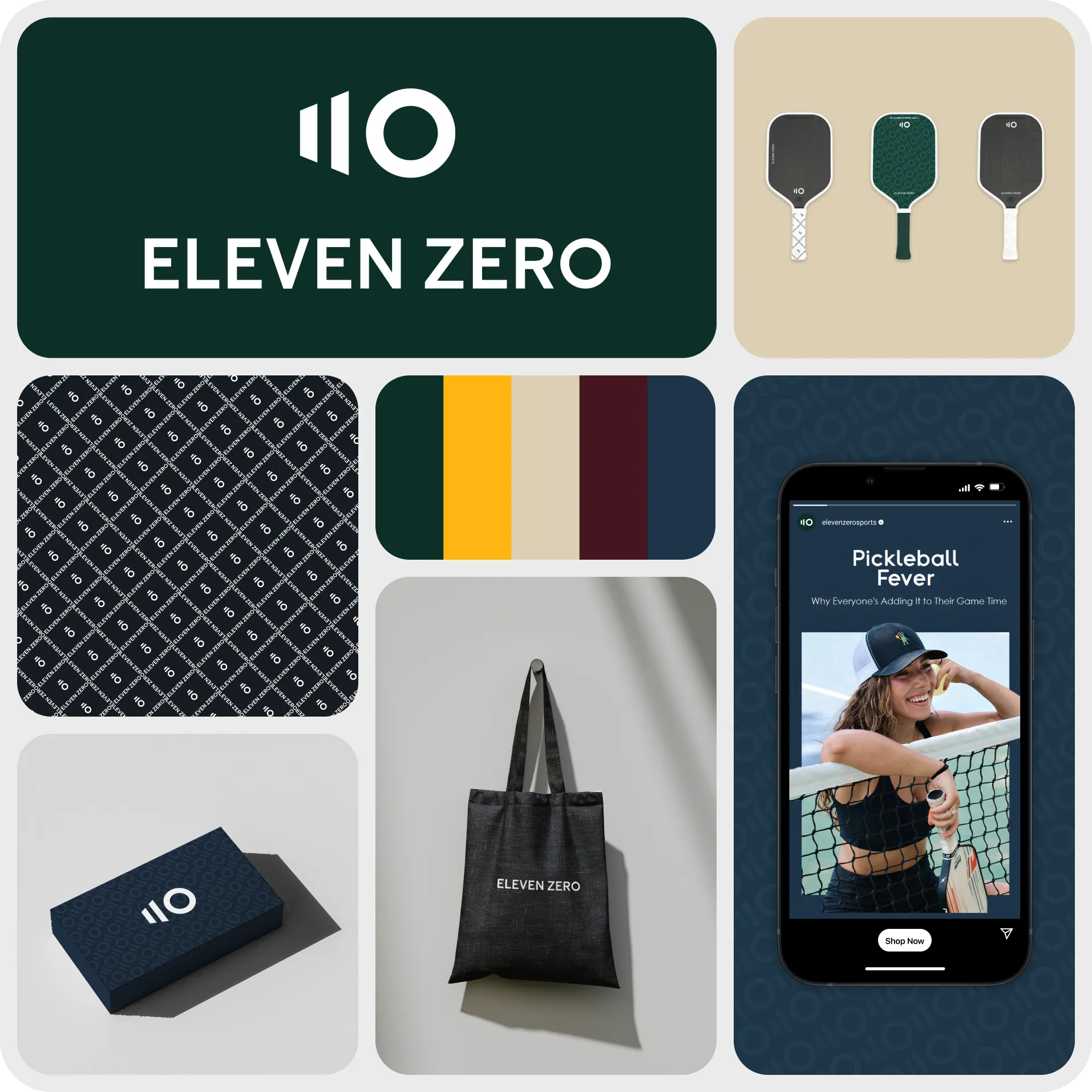 Eleven Zero Sports brand identity board showing logo, pickleball paddles, color palette, tote bag, packaging, and mobile ad for Pickleball Fever.