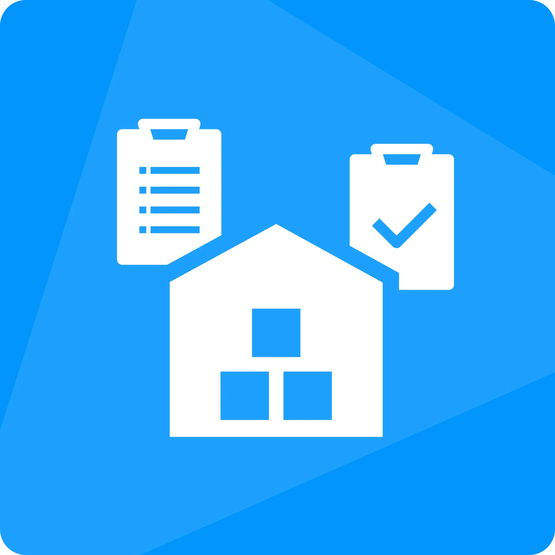 Blue graphic showing a warehouse icon with two checklists, representing order tracking, stock management, and fulfillment operations.