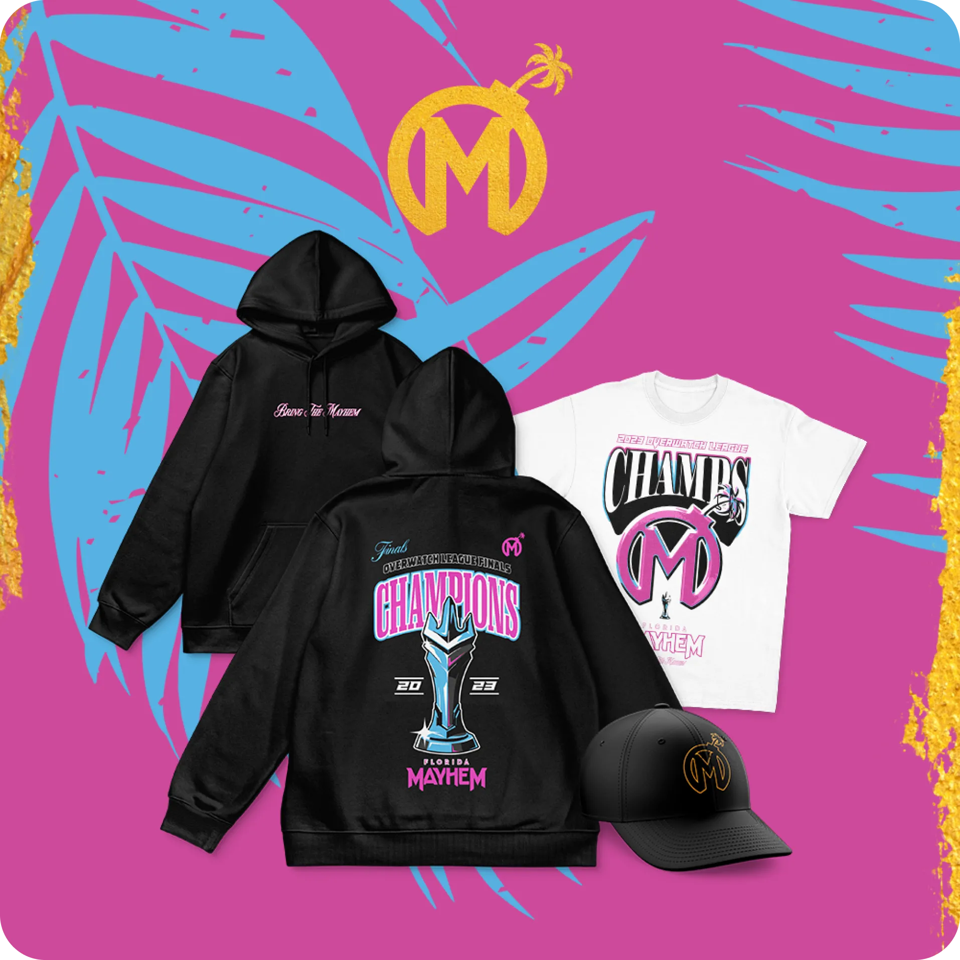 Florida Mayhem esports merchandise collection including hoodies, t-shirt, and cap, with bold pink, black, and white championship designs on a tropical background.