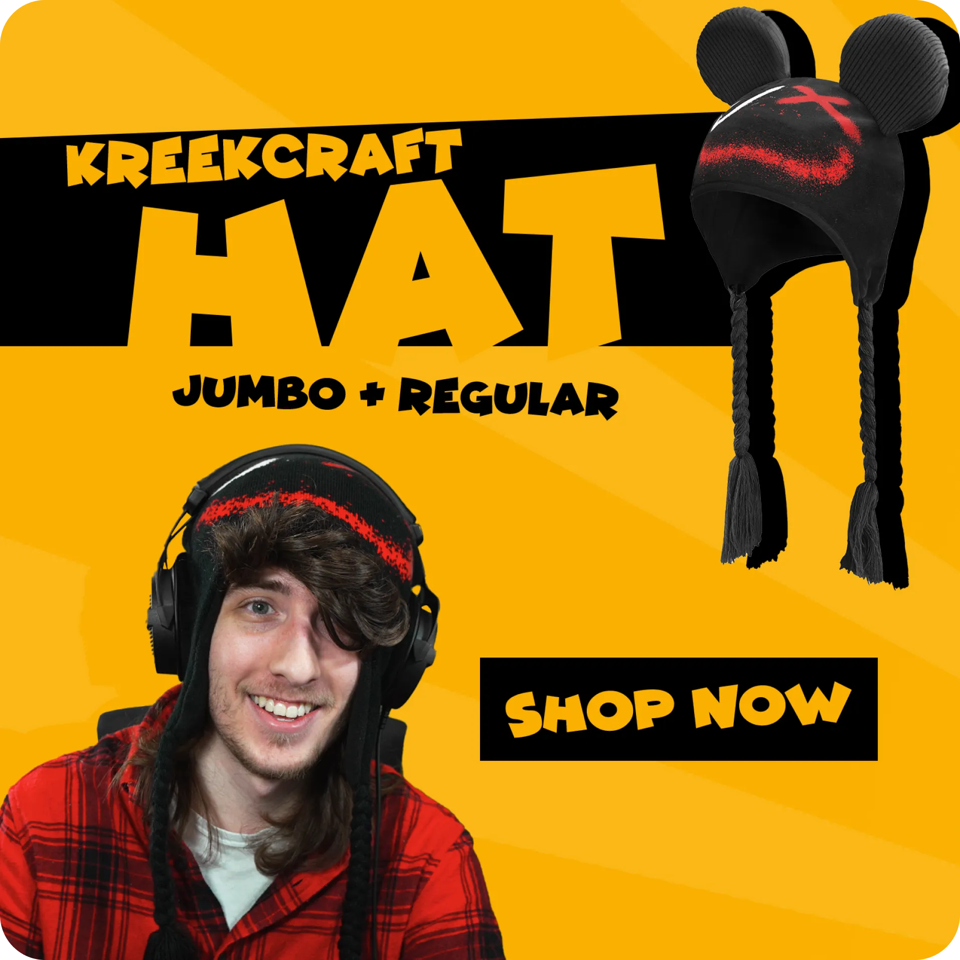 Promo graphic featuring YouTuber KreekCraft wearing a black and red hat with braided tassels, alongside text “KreekCraft Hat – Jumbo + Regular – Shop Now.”