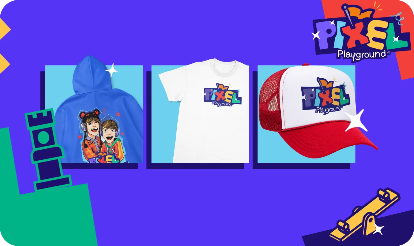 Pixel Playground merchandise showcase with hoodie, t-shirt, and cap designs on a bold blue background.