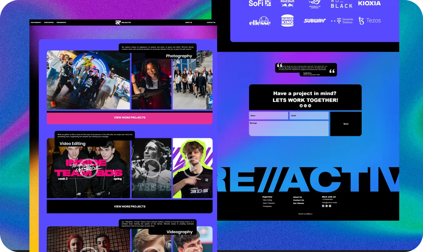 Colorful ecommerce portfolio website layout with photography, videography, and brand projects for global clients.
