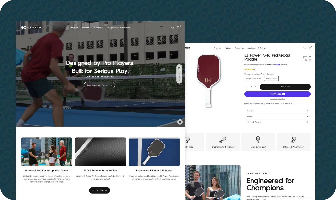 Ecommerce website mockup for Eleven Zero pickleball paddles, featuring a clean product page and lifestyle photography.
