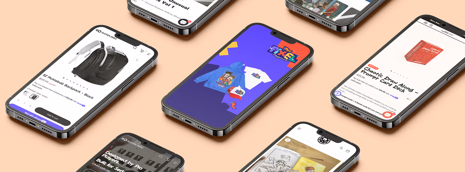 Mobile phone mockups displaying ecommerce websites and product pages, including backpacks, apparel, and card decks.