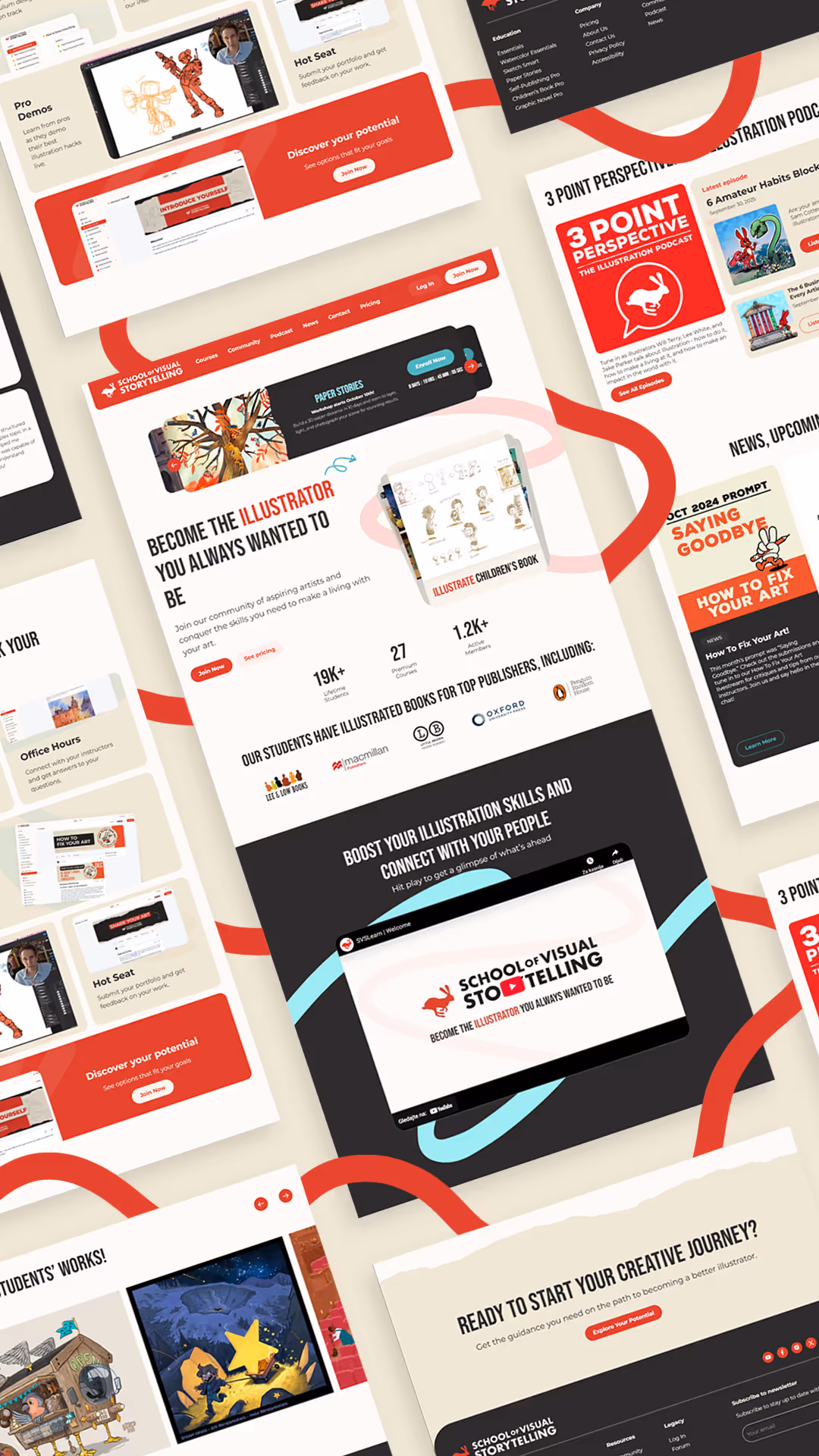 Vertical collage of School of Visual Storytelling website mockups showing homepage, class listings, and podcast section with red flow pattern.