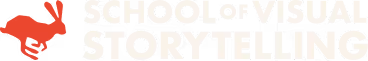 School of Visual Storytelling horizontal logo featuring red rabbit icon and cream typography.