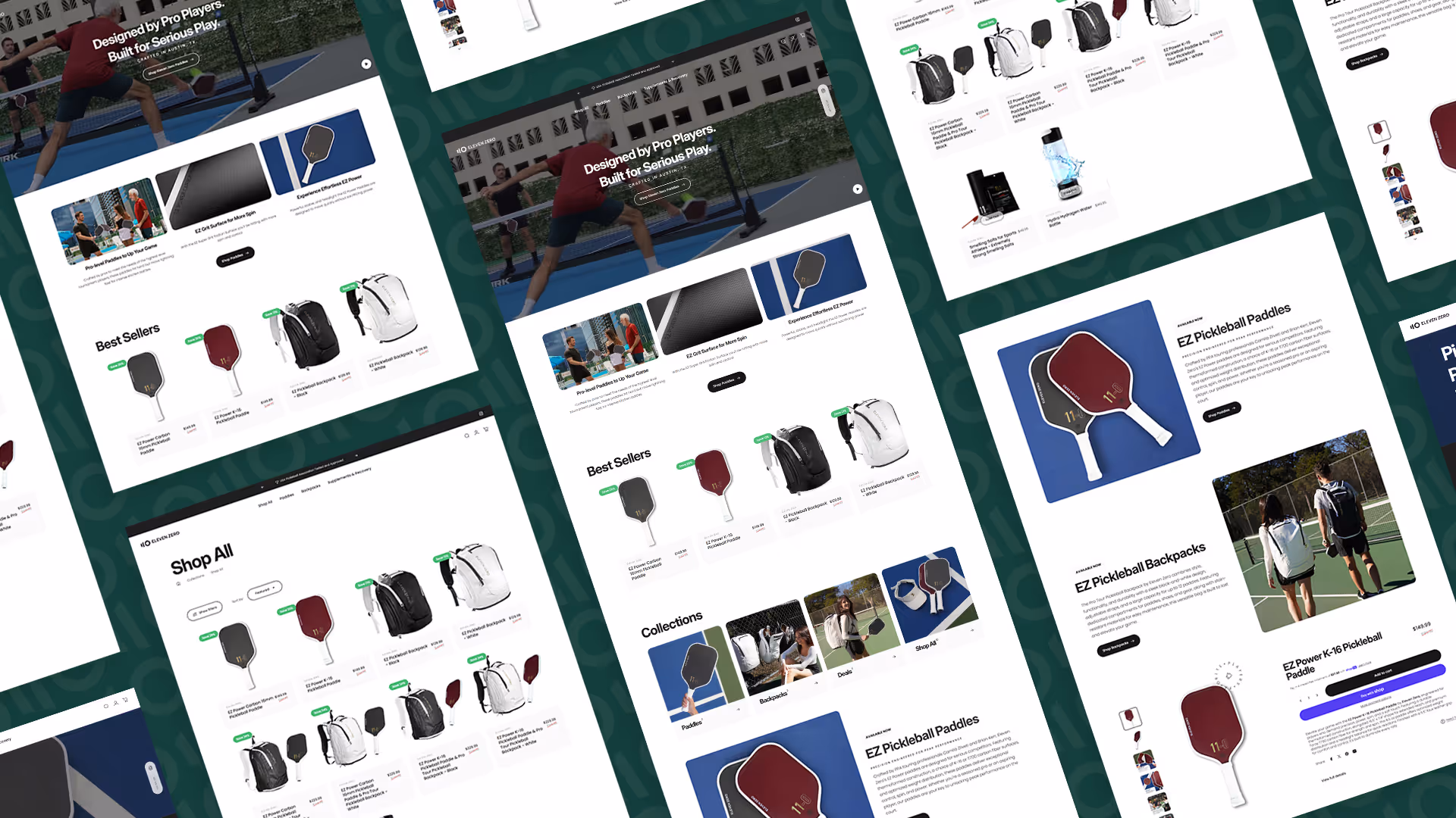 Eleven Zero website mockups displayed in horizontal layout highlighting product pages, best sellers, and collections for pickleball gear.