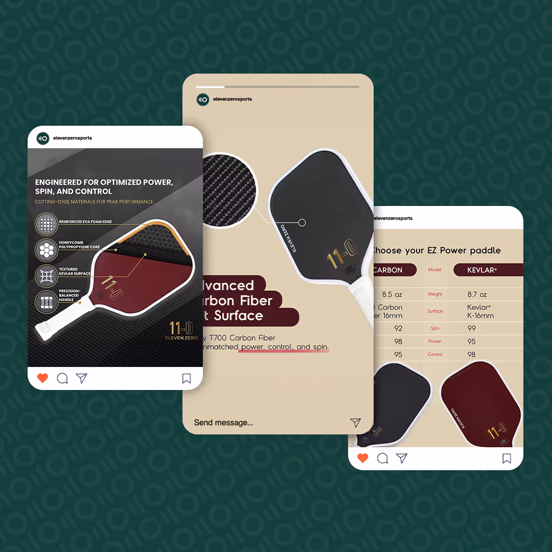 Social media marketing visuals for Eleven Zero pickleball paddles highlighting carbon fiber surface, specifications, and power comparison graphics.