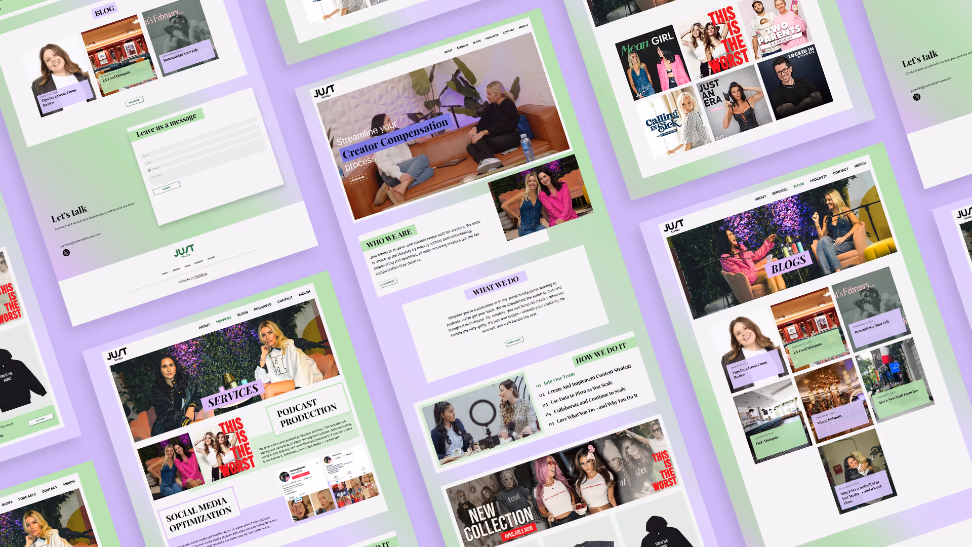 Horizontal banner for JUST Media website showing homepage and podcast sections across laptop and mobile screens.