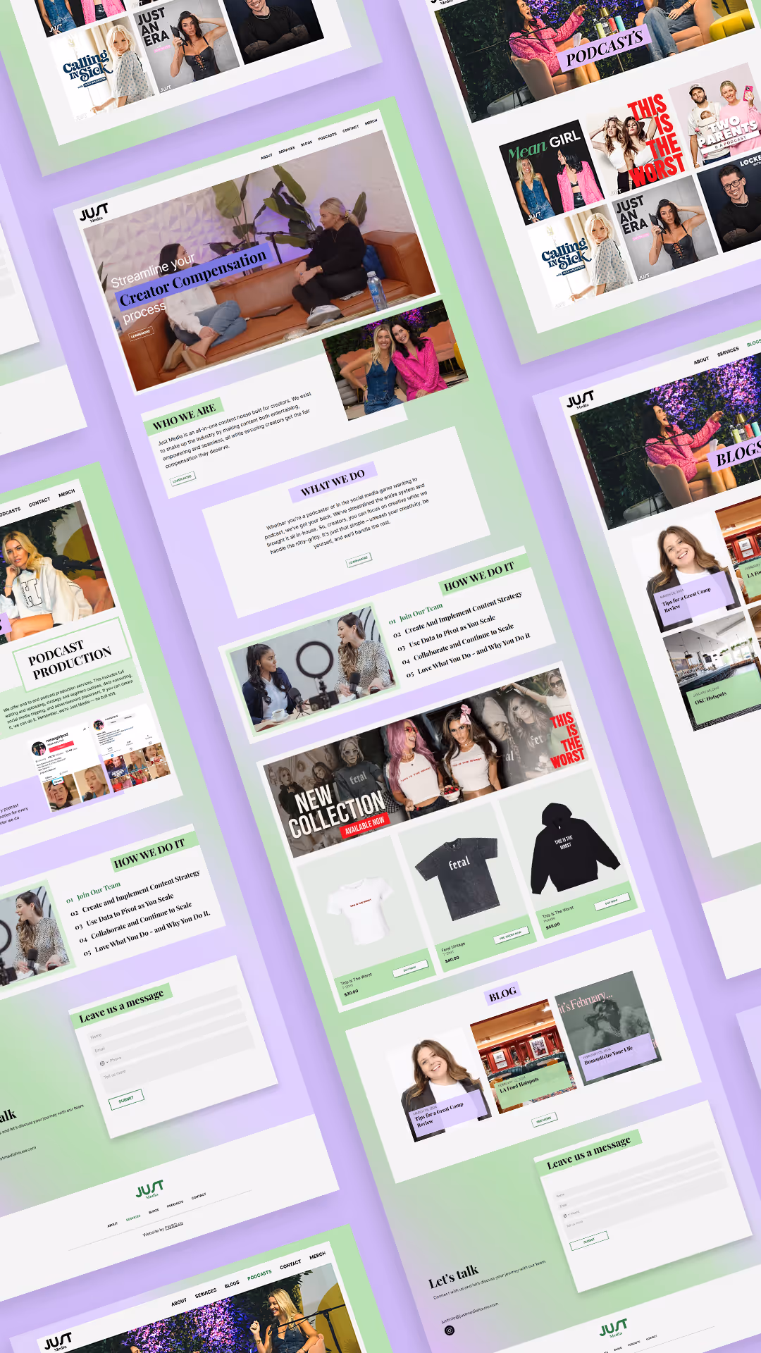 Vertical banner for JUST Media showcasing responsive website design with gradient background and podcast imagery.