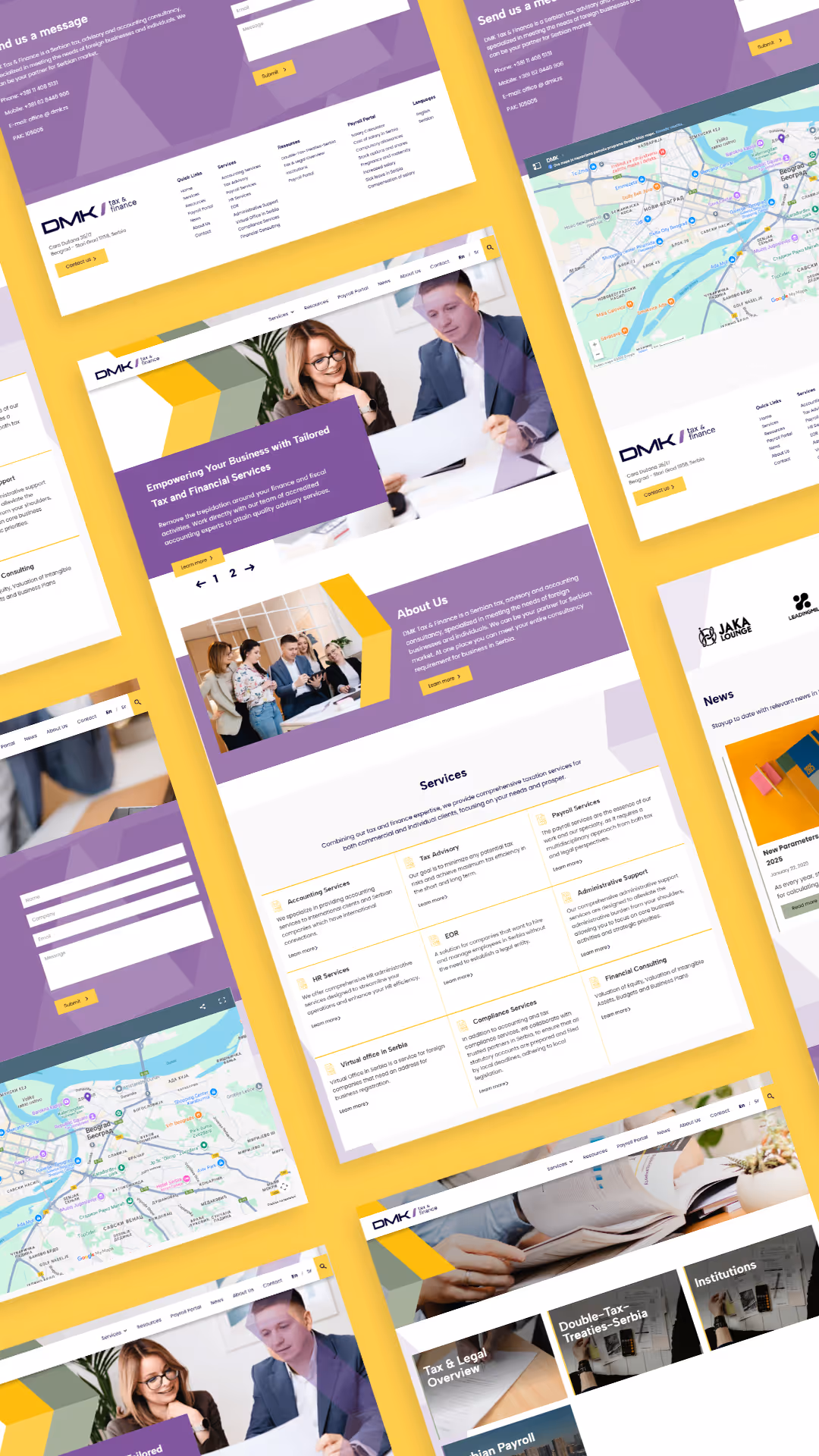 Vertical promotional banner for DMK Tax & Finance featuring website mockups and branded yellow and purple diagonal accents.