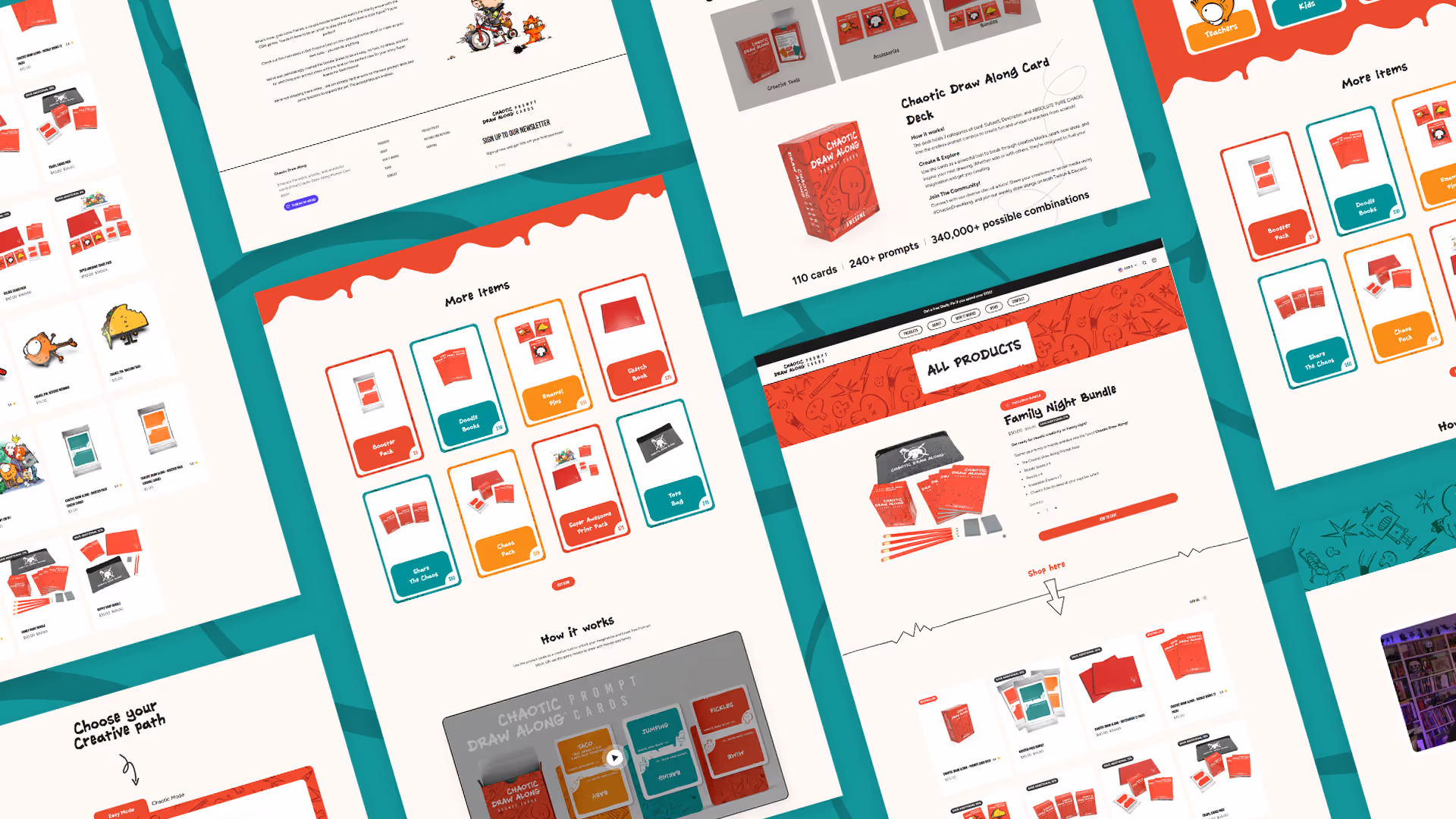 Horizontal website showcase for Chaotic Draw Along highlighting product listings, card packs, and creative workshop sections.