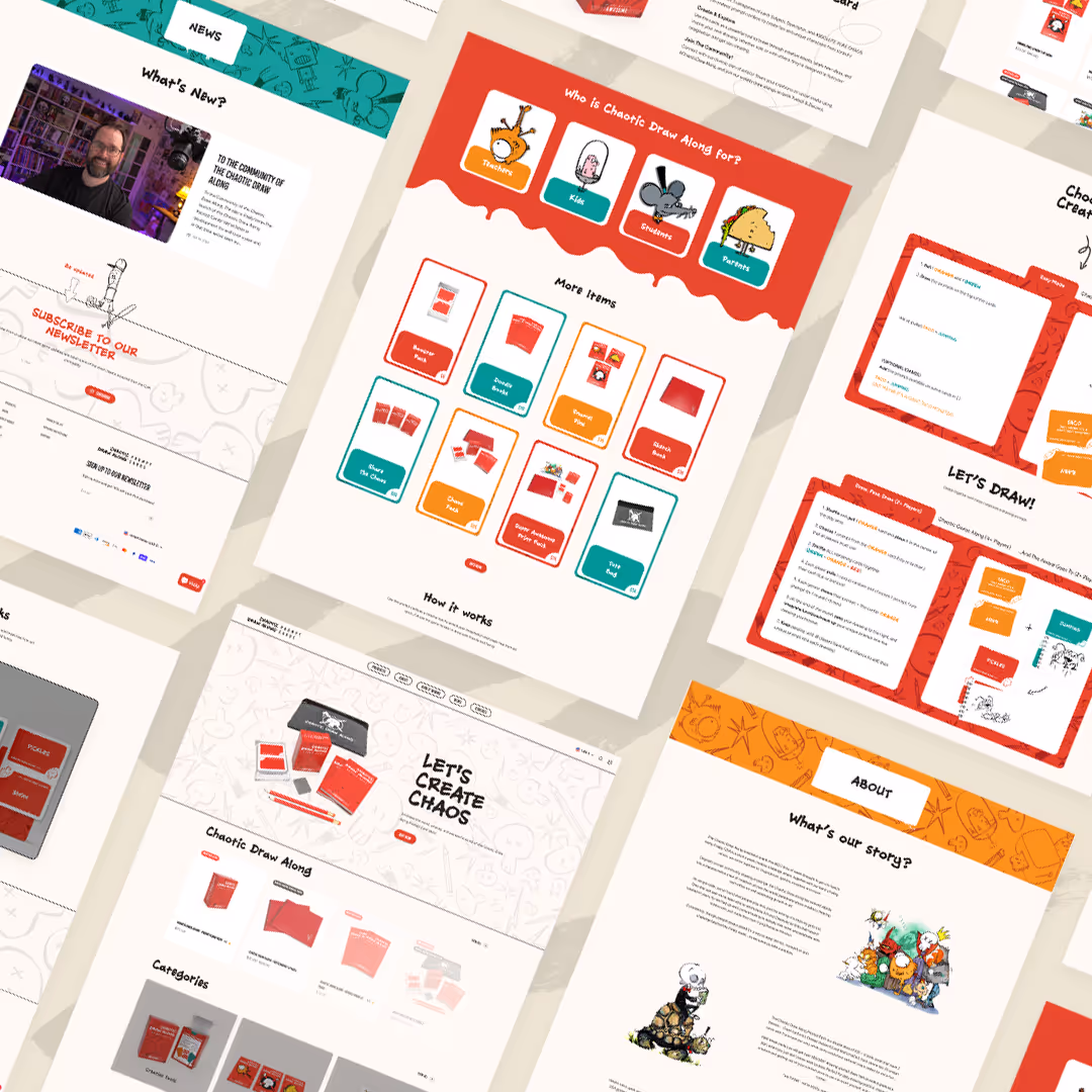 Overview of Chaotic Draw Along website pages showing about section, how it works, and product pages designed with red and teal playful branding.