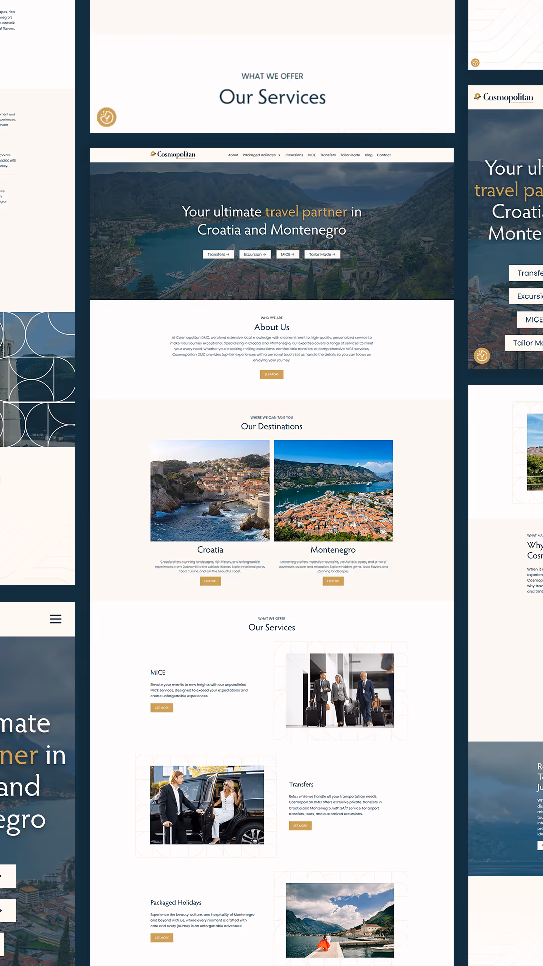 Website header for Cosmopolitan DMC showing travel destinations and navigation across Croatia and Montenegro sections.