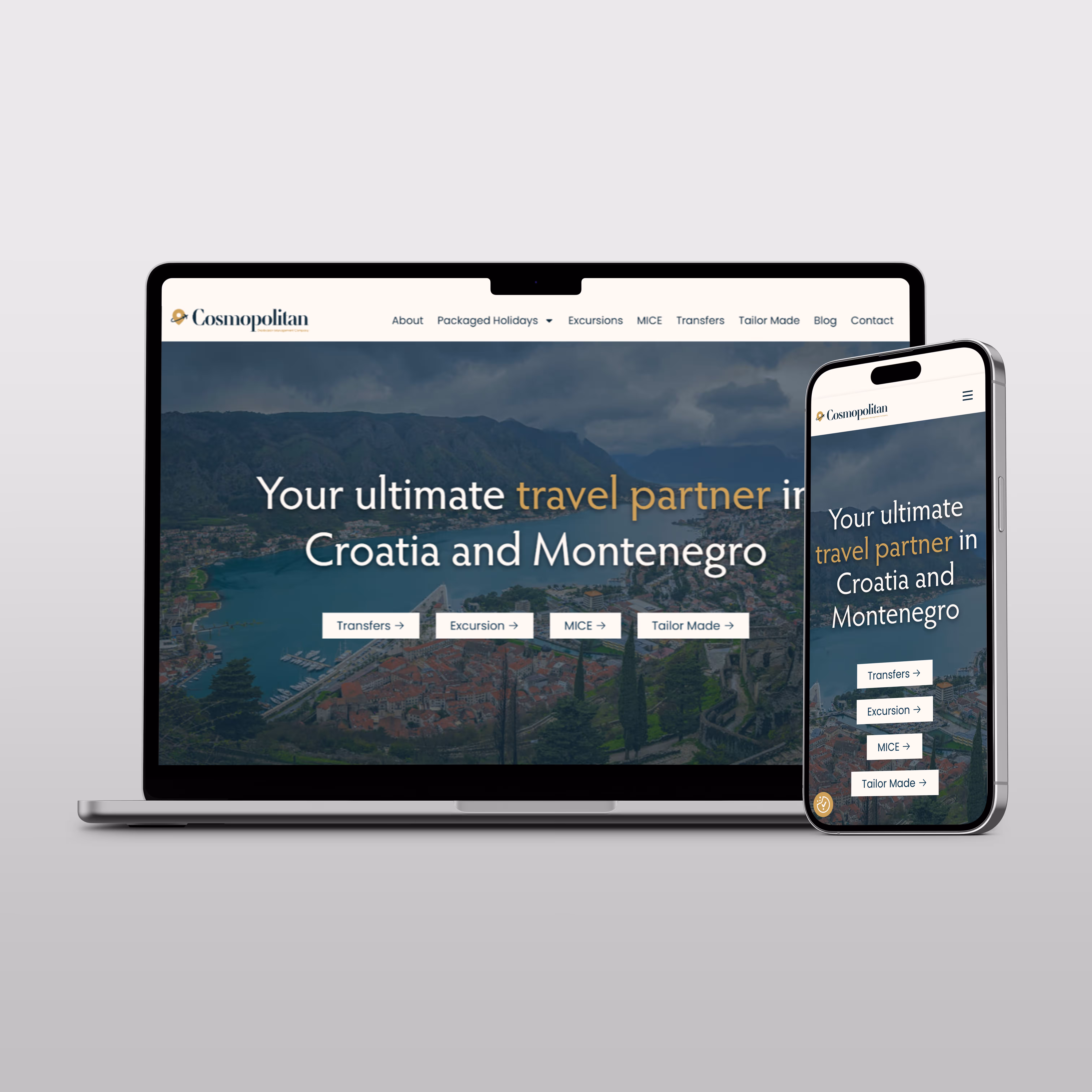 Cosmopolitan DMC website displayed on laptop and mobile devices showcasing travel partner branding for Croatia and Montenegro.