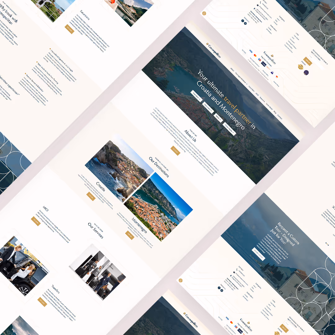 Collage of Cosmopolitan DMC website layouts highlighting homepage, destinations, and service pages with modern travel design style.