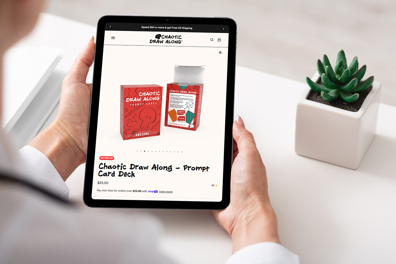 Customer browsing a clothing product page on a tablet with size and color selection options visible in an online webshop.