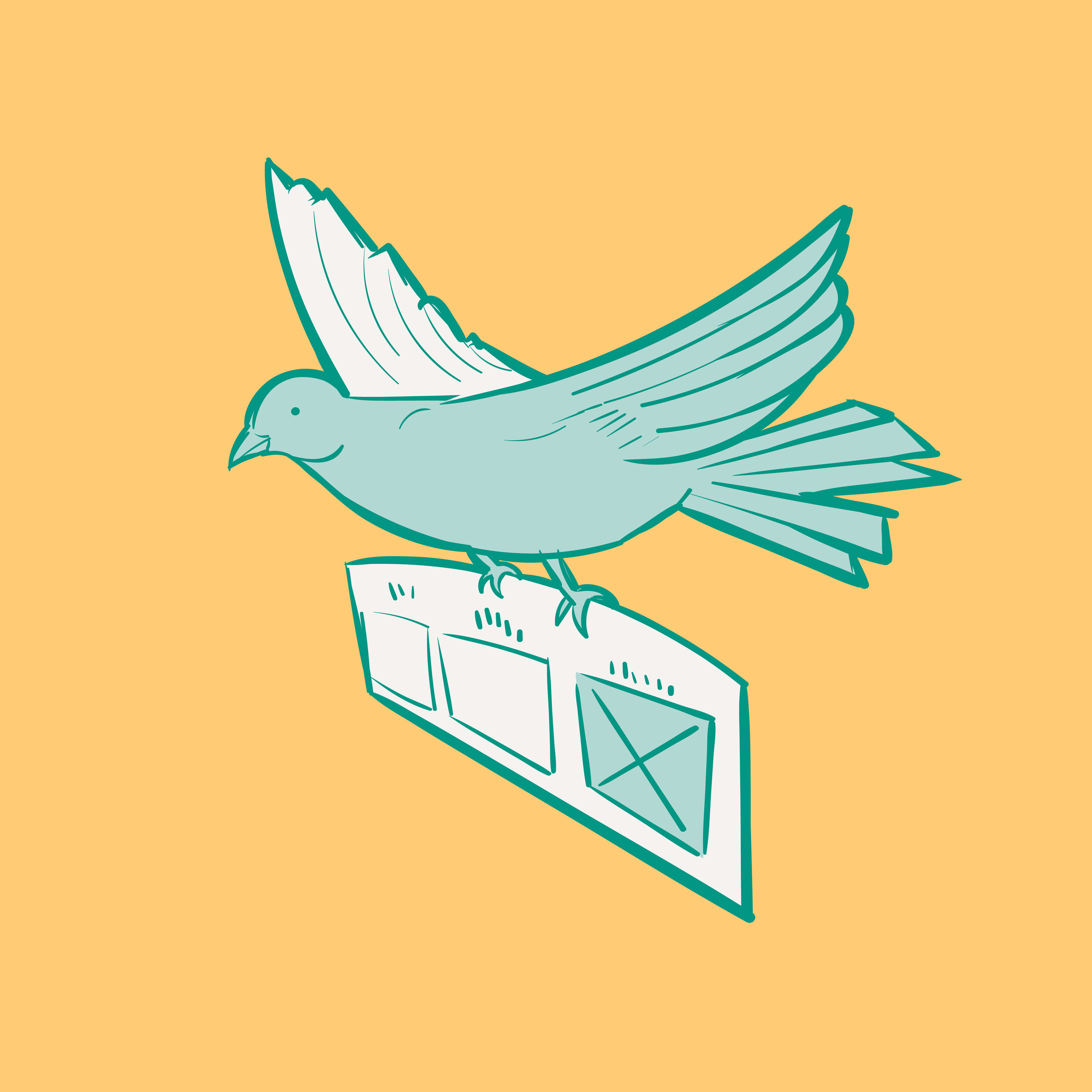 A cartoon of a carrier pigeon holding mail