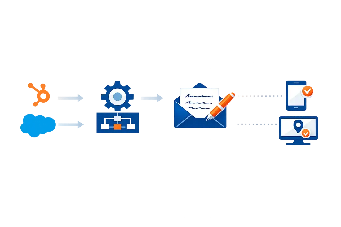 CRM-triggered direct mail workflow from HubSpot or Salesforce to a mail provider with event tracking